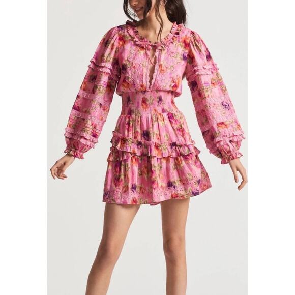 LoveShackFancy Clarkie Long Sleeve Pink Floral Print Mini Dress size Medium - Picture 1 of 16